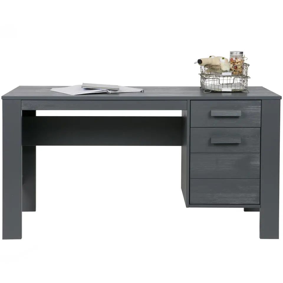 WOOOD Dennis Bureau - Grenen Geborsteld - Staal Grijs - 74x141x59