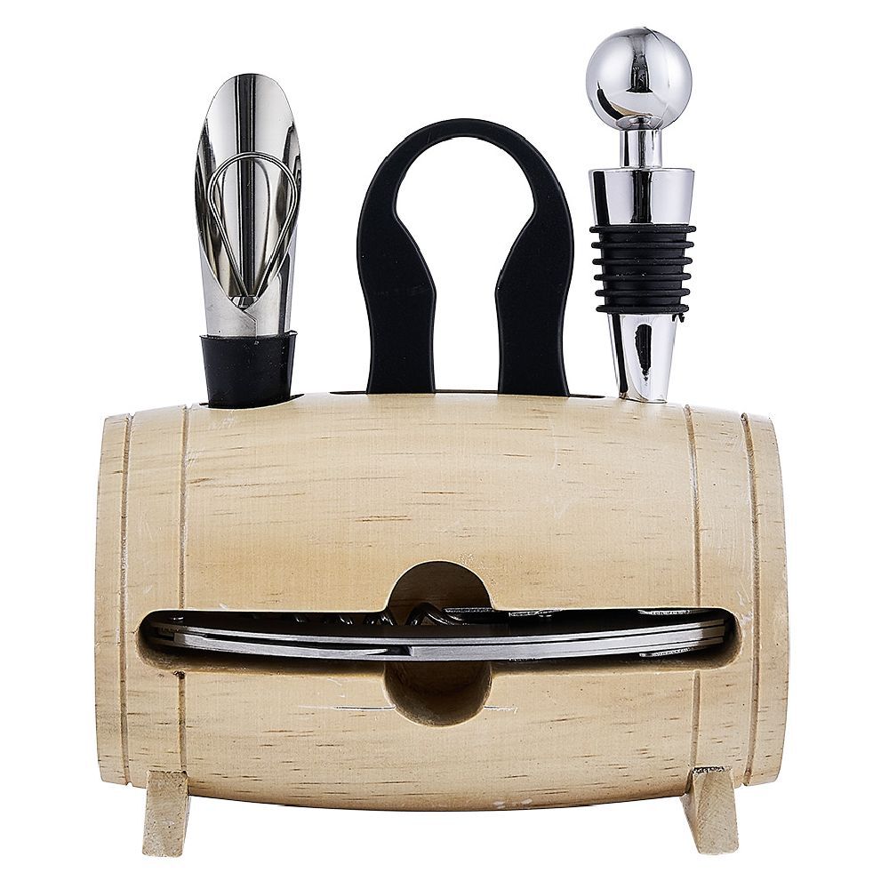 Set 4 accessoires à vin dans tonneau en bois