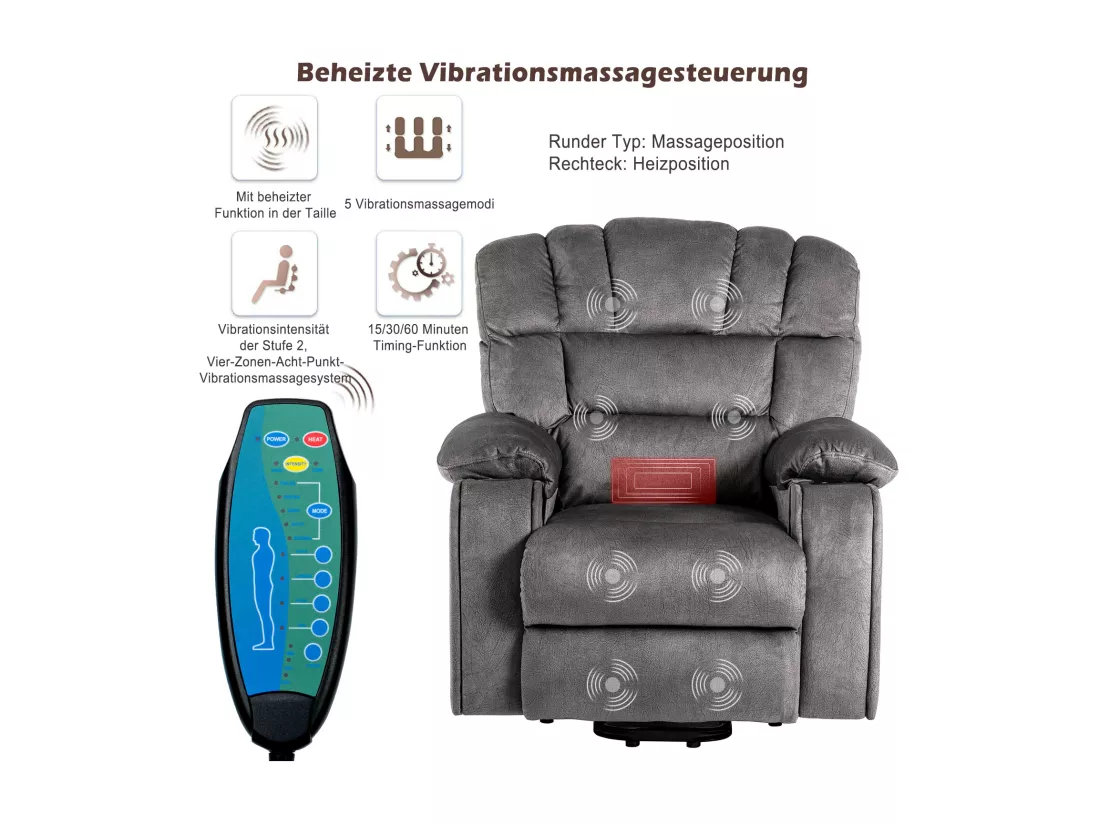Fauteuil de massage à réglage électrique, fauteuil inclinable en tissu avec 2 porte-gobelets, poches latérales et télécommande pour salon, gris