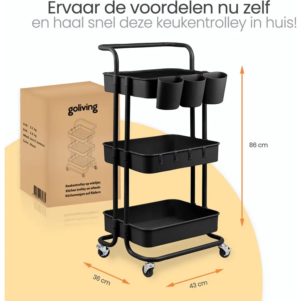 Goliving Keukentrolley op wieltjes - Serveerwagen - Keuken Trolley - Met Bakjes