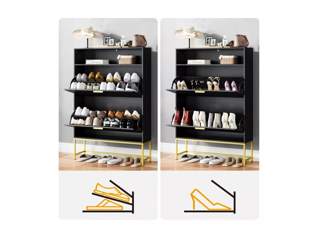 Meuble à chaussures, avec 2 portes abattants et 1 étagère ouverte, conception anti-inclinaison, Noir, 80x24x117CM
