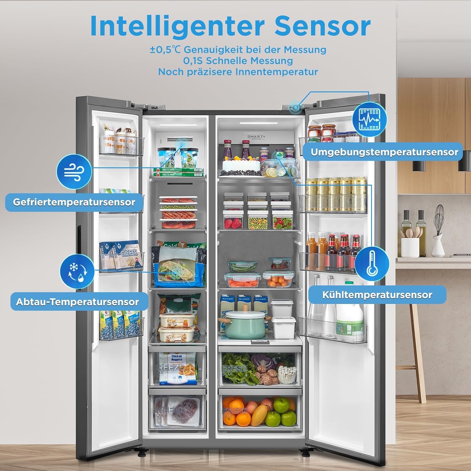 Midea MDRS791MIC46 Side-by-Side Kühlschrank mit No-Frost & WiFi | 592L, 177,5 cm Hoch, Inverter-Technologie, Multi-Air-Flow & Humidity Control | SuperCool & 37dB