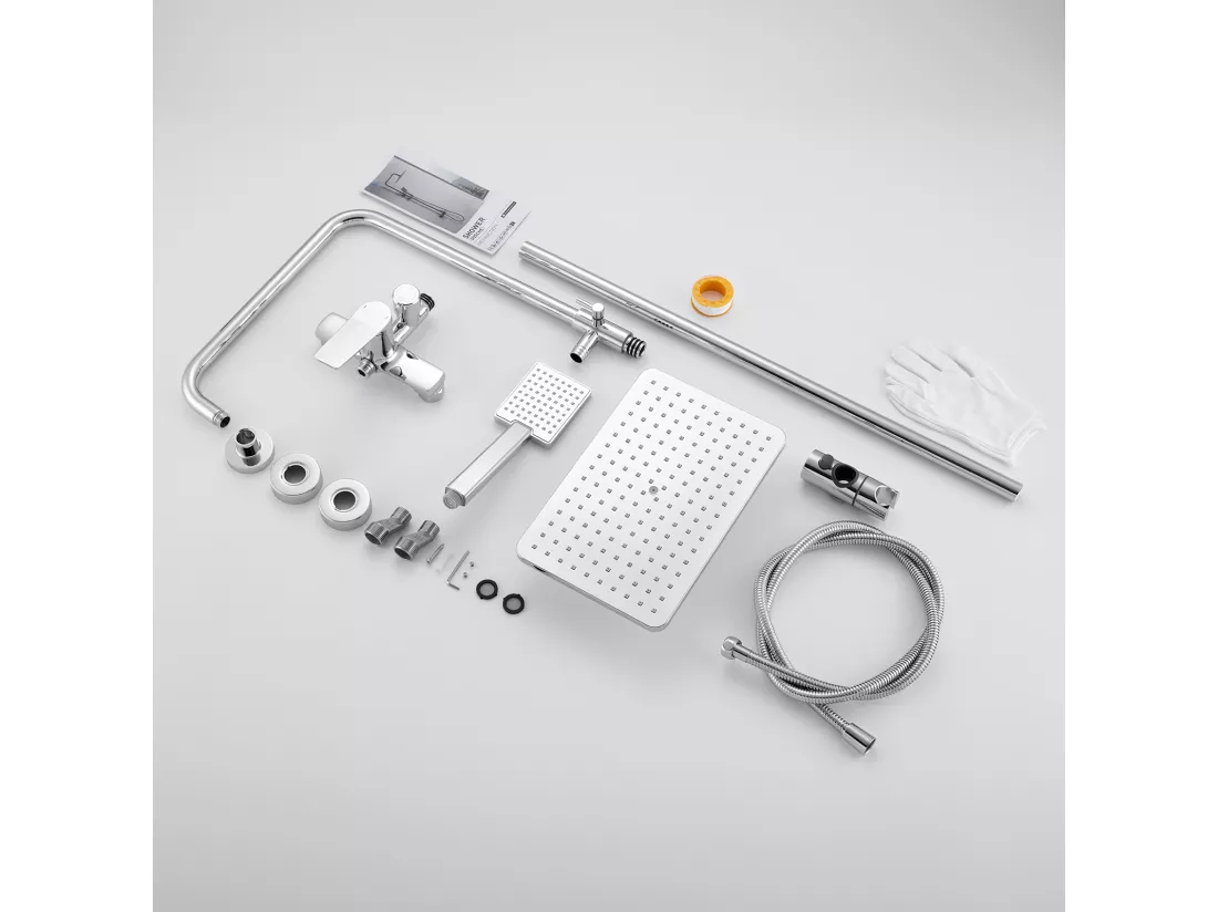 Colonne Douche Chromé avec Mitigeur Hauteur Réglable entre 90-124cm,Systèmede Douche avec Douchette 29x19cm et Pommeau Douche pour Salle Bain