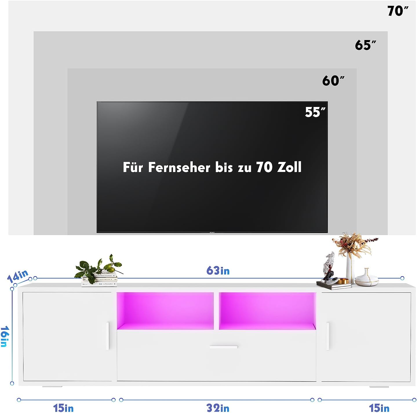 TV-Schrank LED, TV Lowboard mit Großem Stauraum, Fernsehtisch mit RGB LED-Beleuchtung, TV Board für Wohnzimmer Schlafzimmer, Weiß 160x 35 x 40 cm
