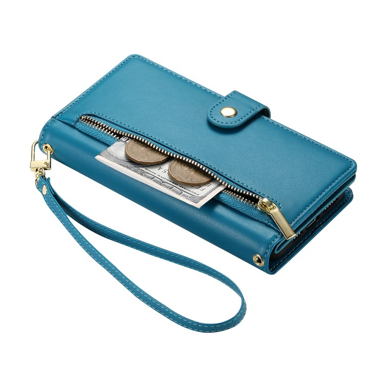 iPhone 16e Leder Tasche Flip Cover mit Reissverschluss   Handschalufe - Blau