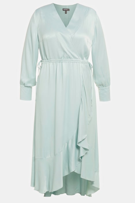 Wickelkleid, Satin, Volant, V-Ausschnitt, Langarm