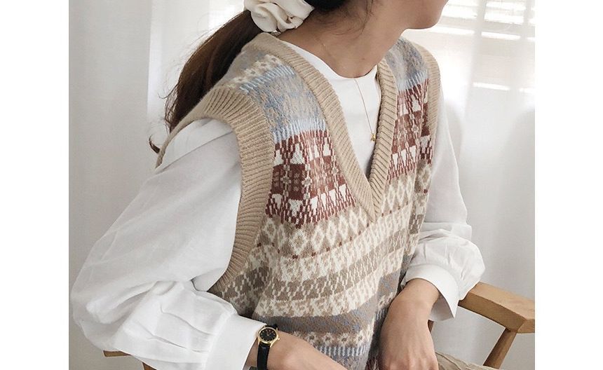 FR - V-hals geometrisch patroon trui vest