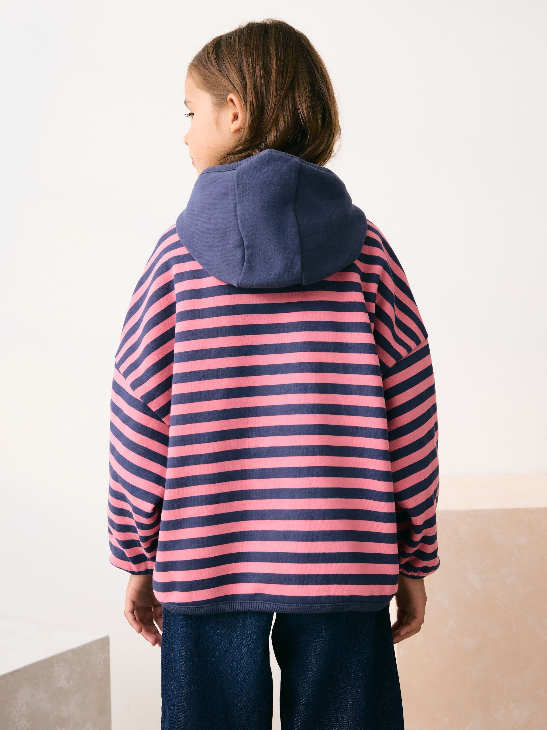 Roze/marineblauw - Streepjeshoodie (3-16jr)