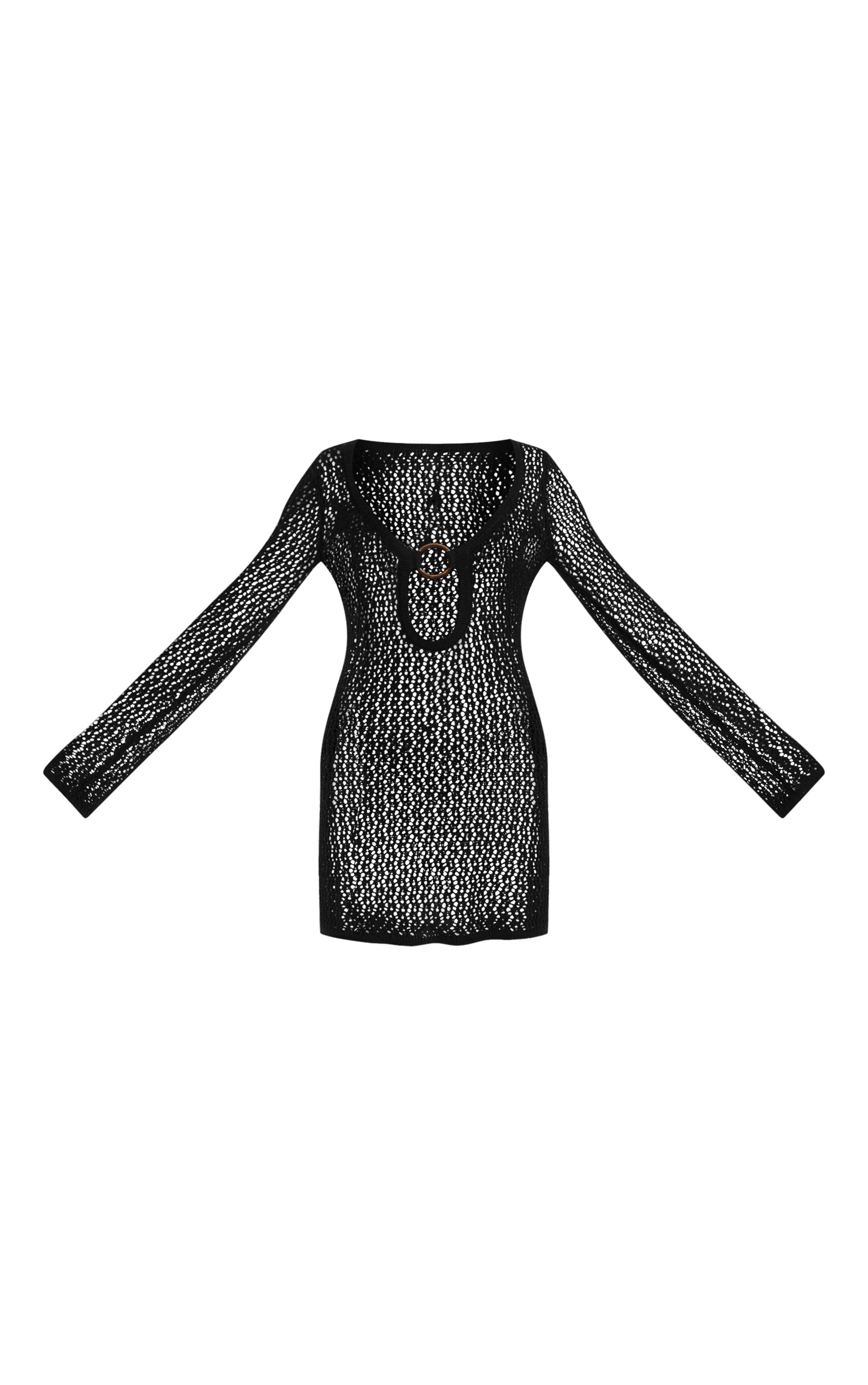 Noir Mini Robe De Plage En Crochet Avec Anneau En O