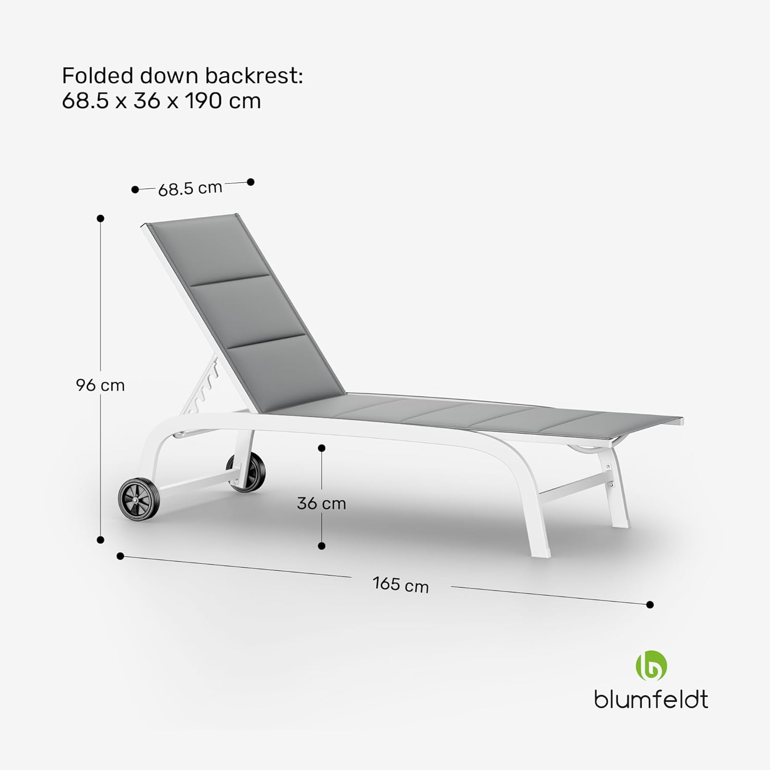 blumfeldt Sonnenliege, Gartenliege mit Verstellbarer Rückenlehne, Liegestuhl mit Rahmen aus Aluminium, Lounger mit wasserfesten Bezügen, mit Bodenrollen, Typ: Limala, weiß