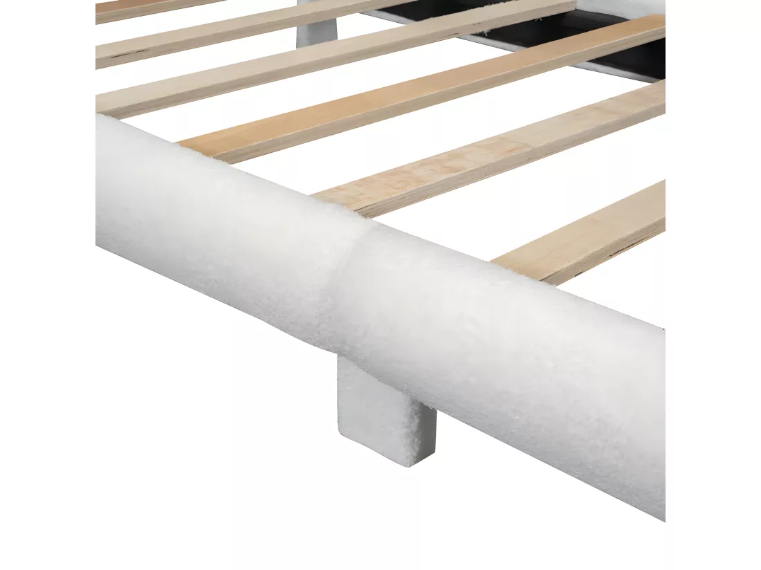 Lit enfant simple 90x200cm rembourré en tissu peluche - avec sommier à lattes en MDF - Beige