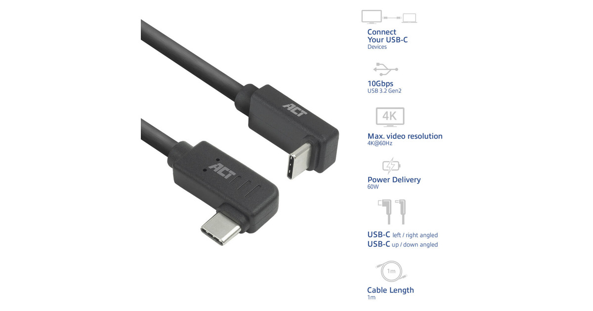 ACT ConnectivityUSB 3.2 USB-C (omhoog/omlaag haaks) naar USB-C (links/rechts haaks) kabel  (Zwart, 10 Gbit/s, 60W, 1 meter)