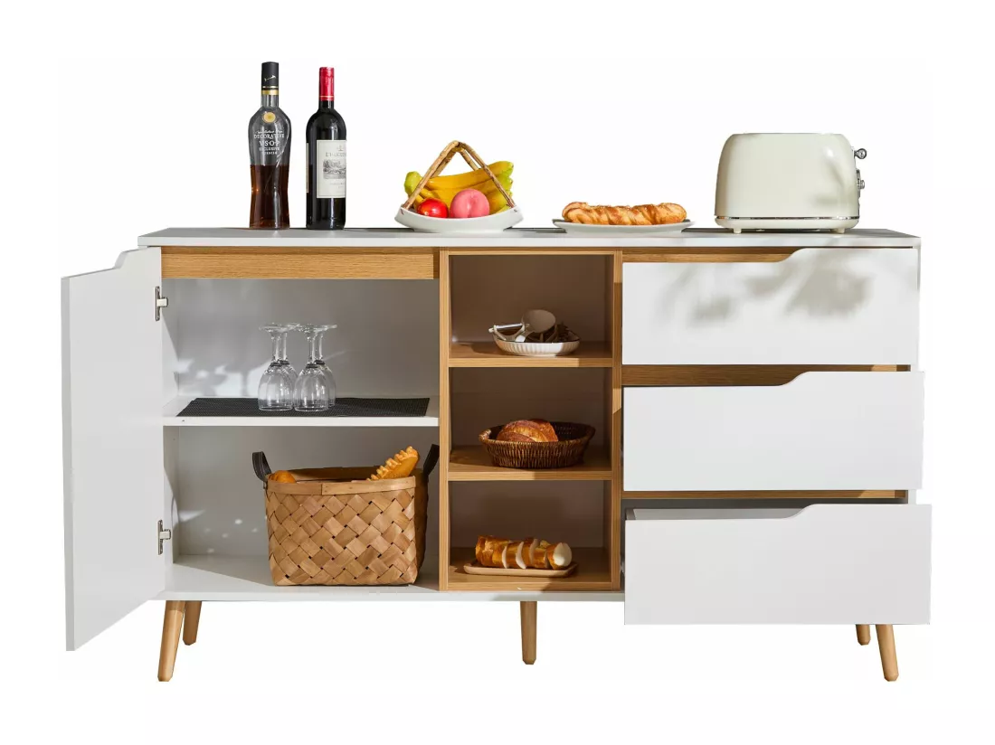Buffet avec étagères, avec 3 tiroirs et espace de rangement ouvert, 140 x 40 x 80,5 cm, blanc