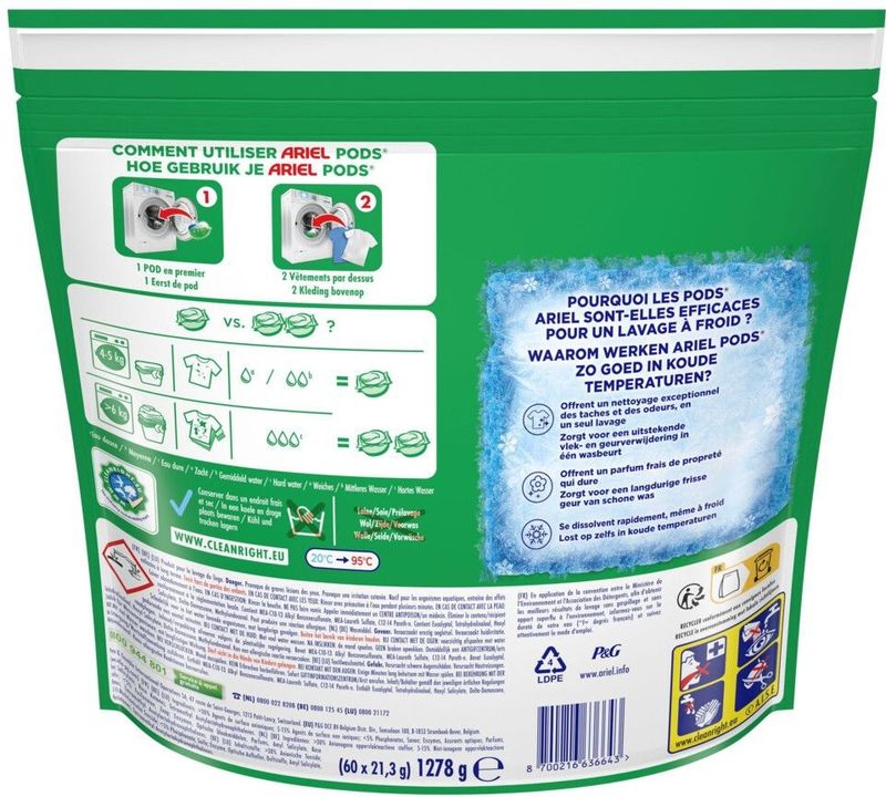 Ariel - 4in1 Pods - Wasmiddelcapsules - 60 Wasbeurten - Actieve Geurbestrijding