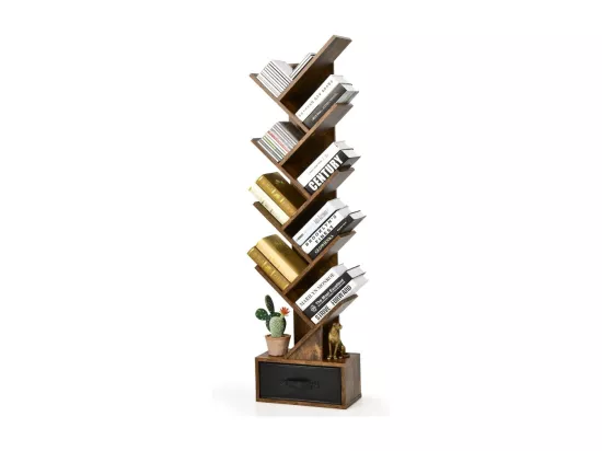 Bibliothèque à 8 niveaux en forme arbre avec tiroir tissu amovible, marron