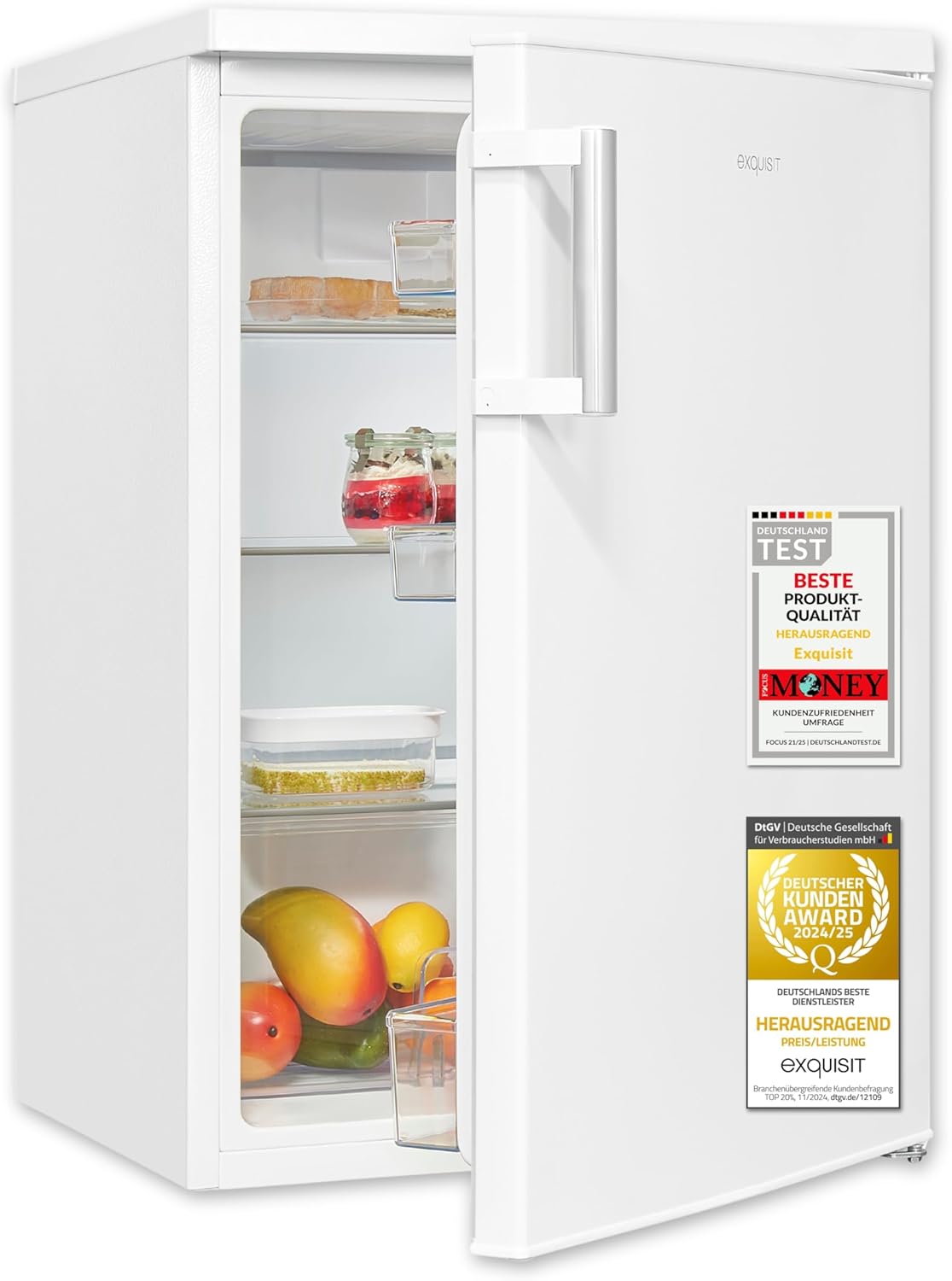 Exquisit Vollraumkühlschrank | 133 l Nutzinhalt, Energieklasse E, 40 dB(A) | kompakte Bauform, LED-Innenbeleuchtung, manuelle Temperaturregelung, Flaschenfach, Gemüseschublade | KS516-V-H-010E weiss
