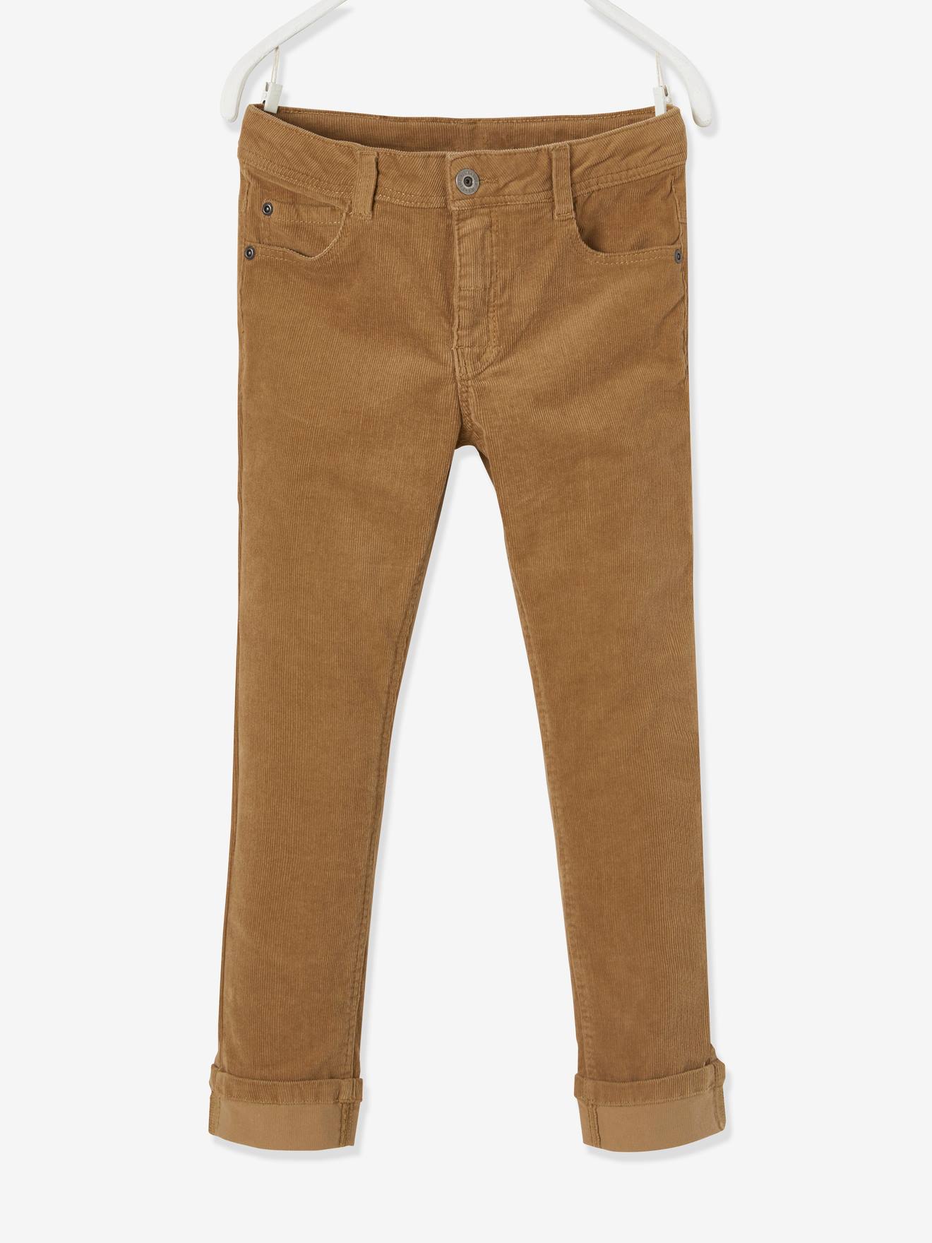 Calças de veludo cotelê slim-fit para meninos, bege médio, lisas com estampas.
