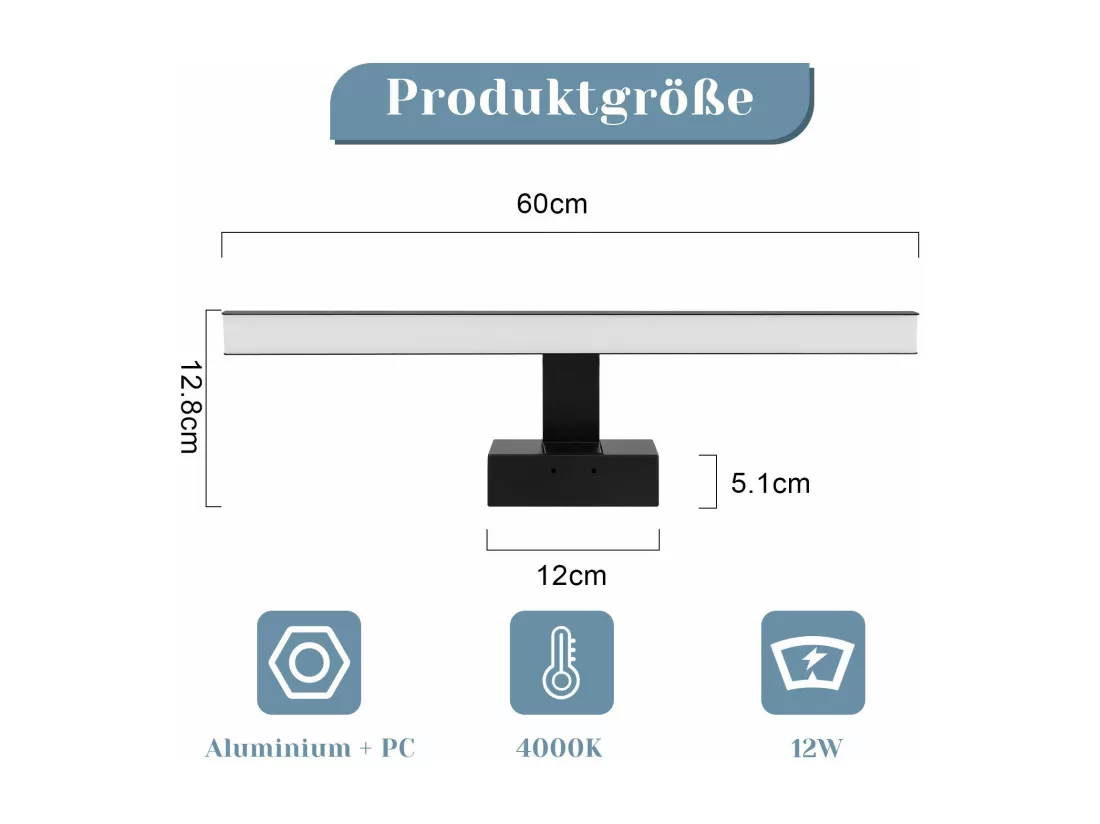 NETTLIFE Applique LED salle de bain，lampe miroir LED,IP44 lampe armoire, Moderne, lumière blanche neutre 4000k MAX.12W, 60×5.1×12.8cm, noire