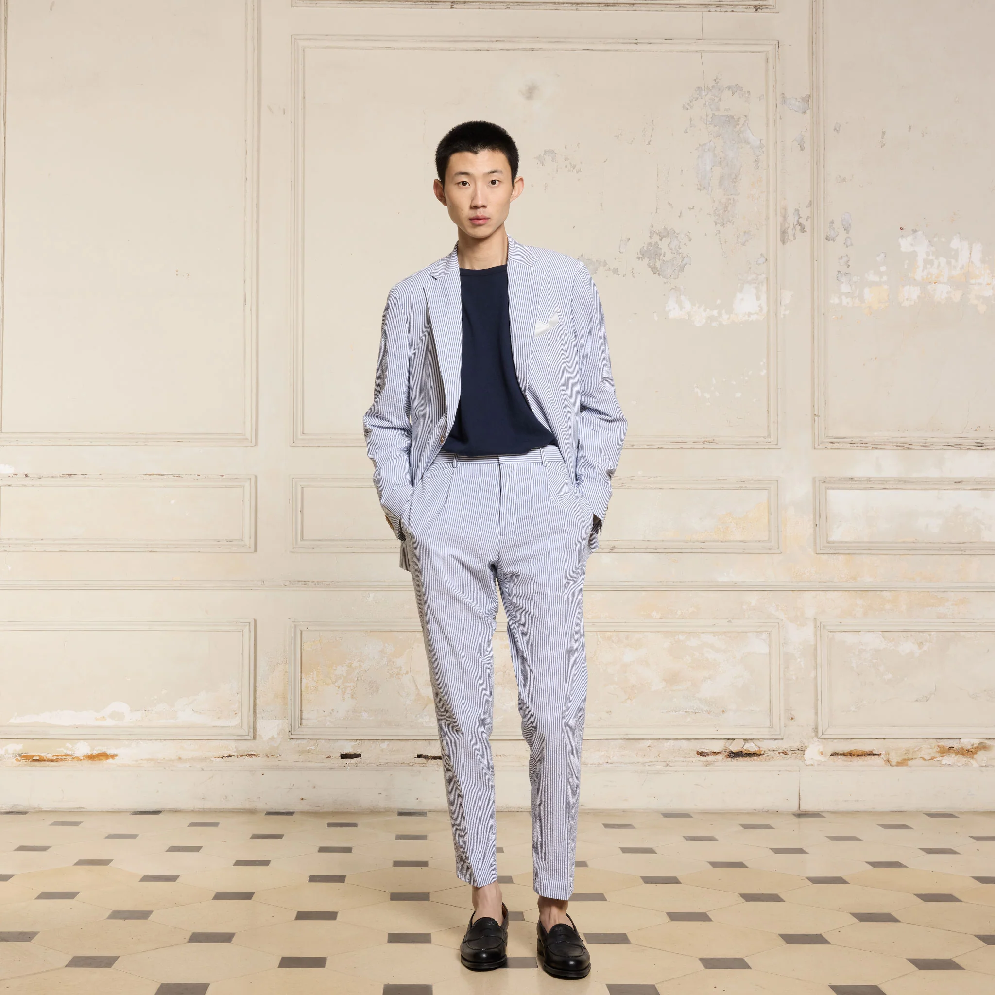Blue Striped Seersucker Pleated Trousers