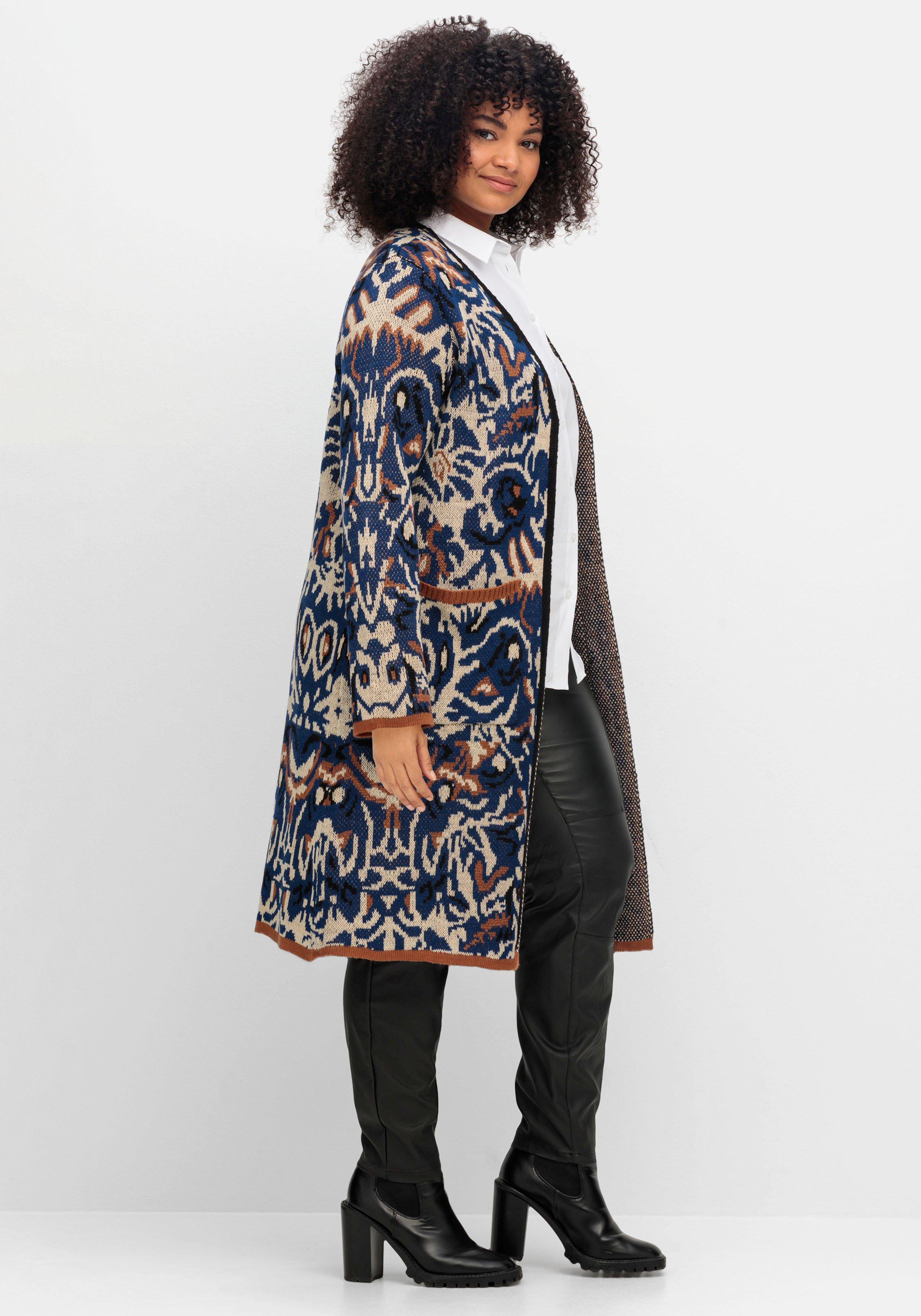Langer, offener Strickmantel mit Jacquardmuster