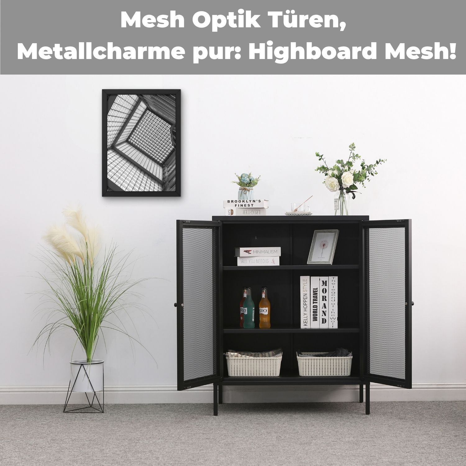 Mein-Regal Highboard Mesh 80x40x100cm aus Metall mit Meshtüren schwarz