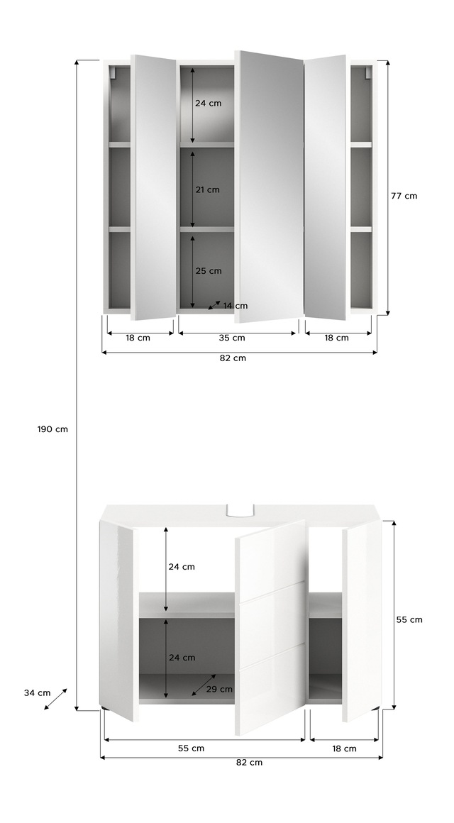 welltime Badmöbel-Set »BIEL, TOPSELLER!, 2 teilig, hochwertige MDF Front, Rillenoptik« 2 teiliges Set, bestehend aus: Waschbeckenunterschrank, Spiegelschrank, 2 Stk. tlg.