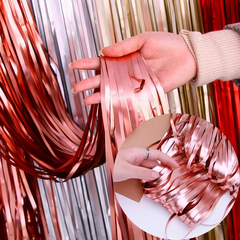 (2x1m) Party Deko Matter Lametta Vorhang Glänzender Fransen Vorhang Foto Hintergrund - Roségold