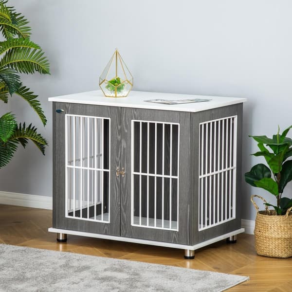 Hundekennel Transportboks I Tre Med Bordplate Og Pute, Bur For Smådyr, Sidebord, Grå+Hvit, 85X55X75Cm