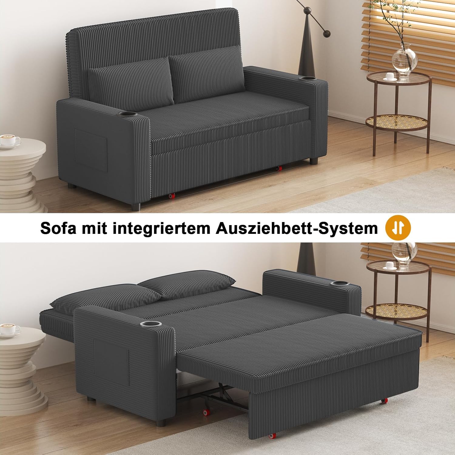 Devoko Sofa mit Schlaffunktion, Schlafcouch Ausziehbar mit Verstellbarer Rückenlehne, Schlafsofa Klein Klappsofa Sofa 2 Sitzer für Wohnzimmer & Schlafzimmer, Grau