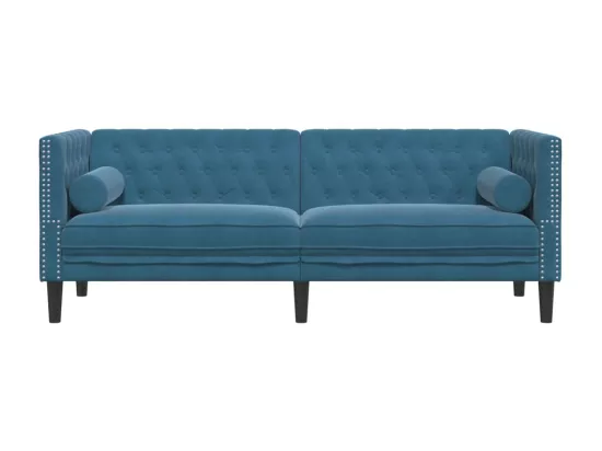Canapé Chesterfield avec traversins 3 places bleu velours