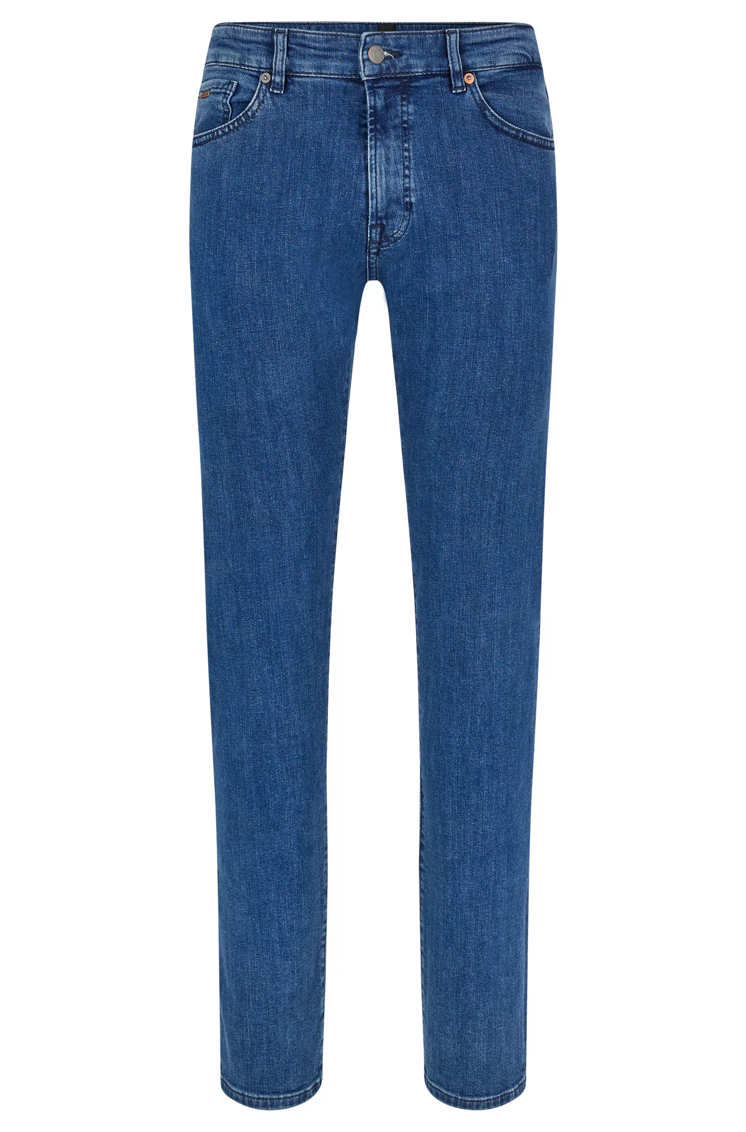 Calça jeans BOSS laranja, corte regular, em denim super elástico azul.