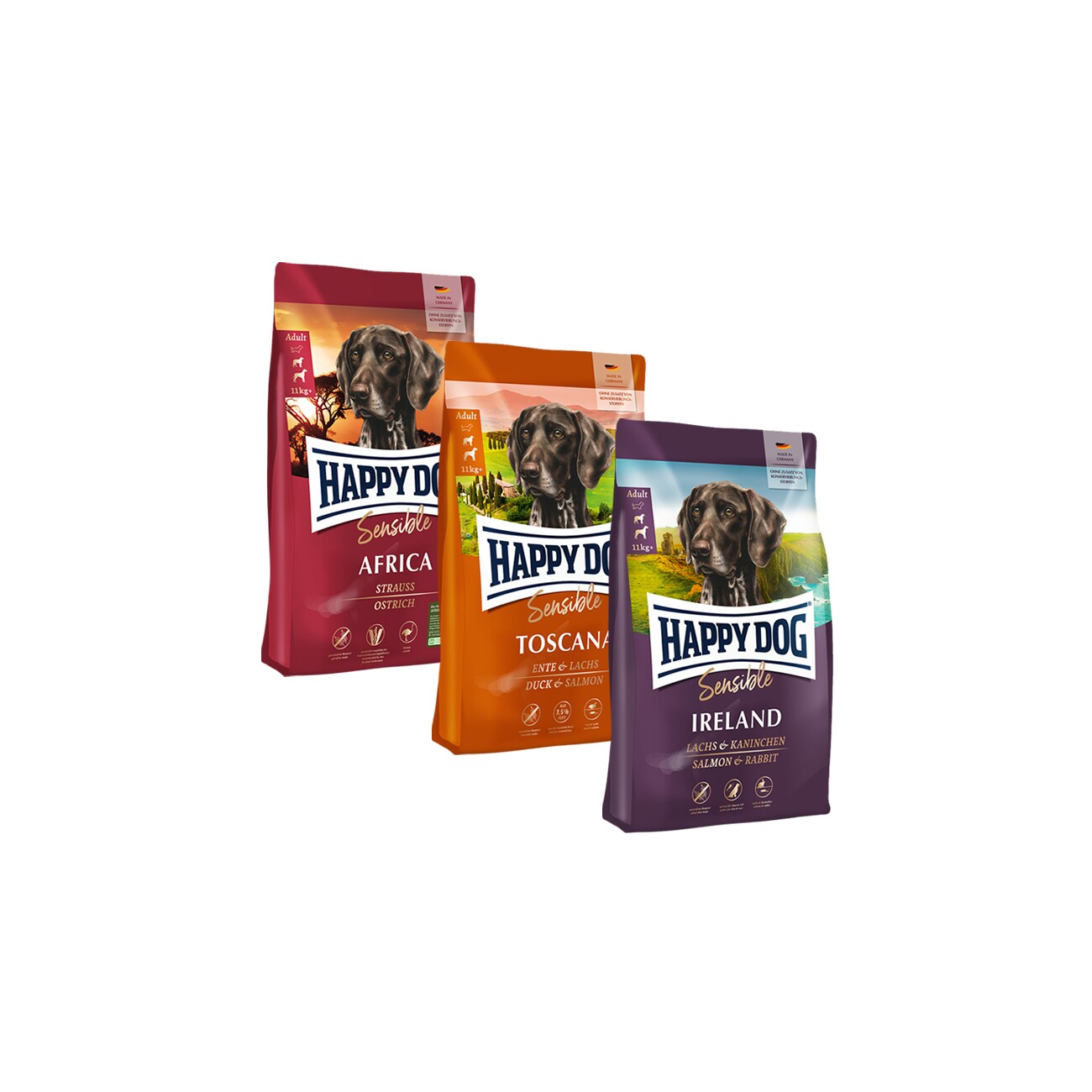 HAPPY DOG Sensible Probierpaket Länderreise 3x1kg Mixpaket 4