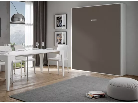 Lit escamotable vertical frêne blanc et porte marron kanto 160x190