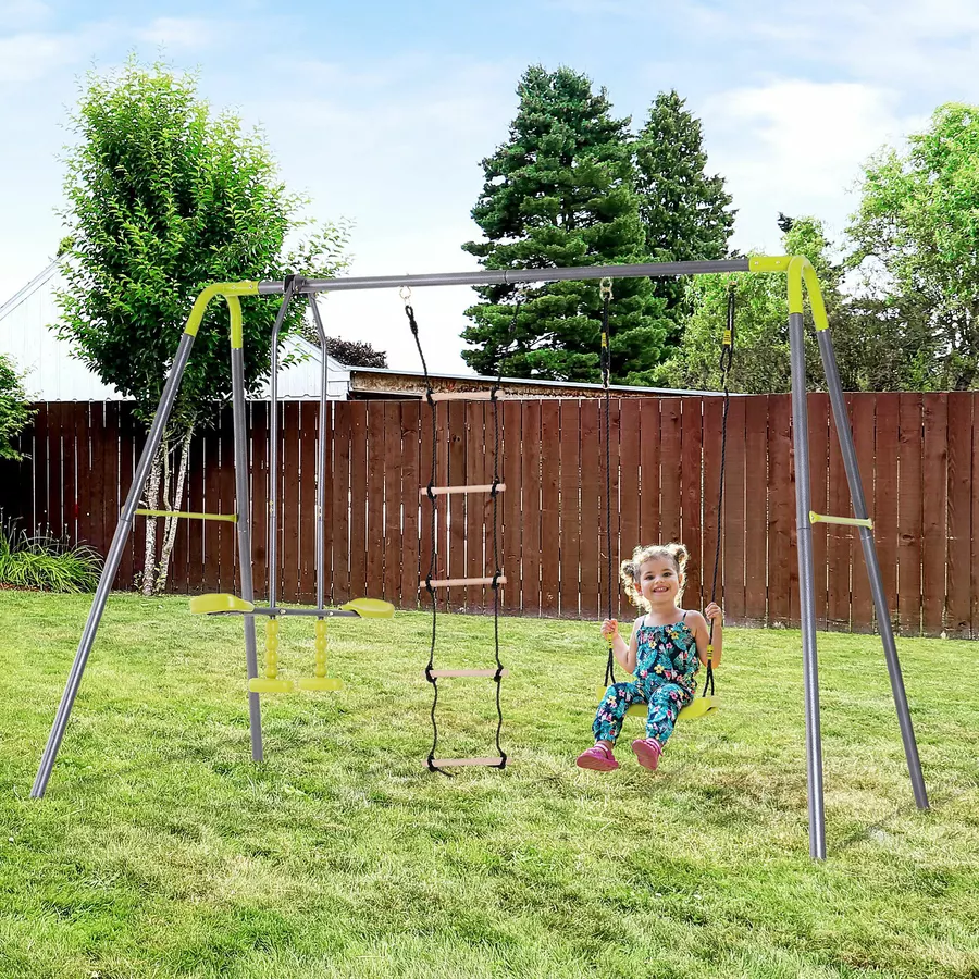 HOMCOM Kinder Gartenschaukel mit Wippe und Seilleiter schwarz, hellgrün