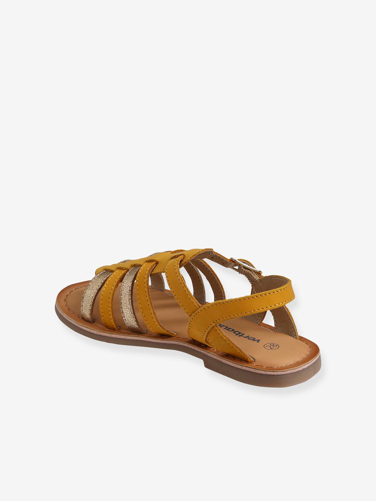 Sandálias de várias tiras para meninas, lisas, amarelo escuro com estampa.