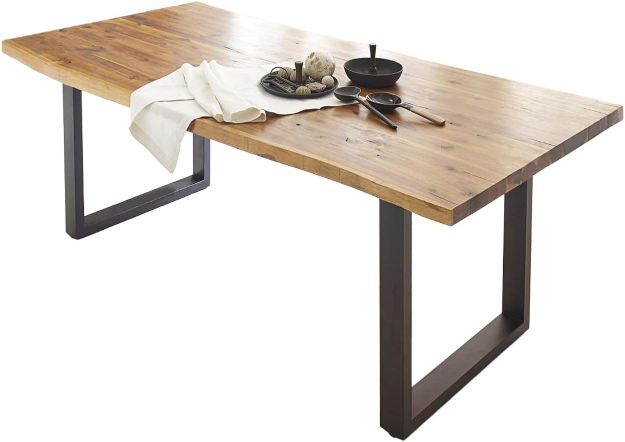SAM Esstisch Harley | 140 x 80 cm | Akazienholz massiv | Farbe: Natur lackiert | echte Baumkante | U-Gestell Metall Schwarz | pflegeleichter Baumkantentisch/Esszimmertisch/Küchentisch