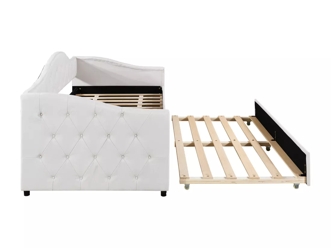 Lit banquette 90x200cm + lit gigogne 90x190cm - capitonné en tissu lin - Beige (matelas non inclus)