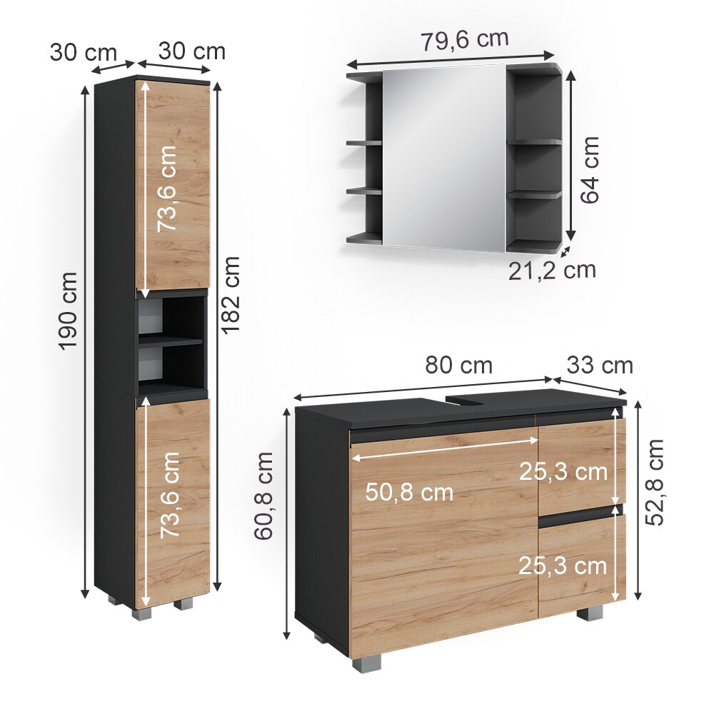 Vicco Badmöbelset J-shape Anthrazit Eiche modern Badezimmer Schrank Badschrank Waschtischunterschrank Spiegelschrank Hochschrank Schranktür Schrankschublade Schrankfach Ablage Aufbewahrung