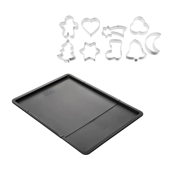 Ensemble avec plaque à pâtisserie extensible et 9 emporte-pièces sur c