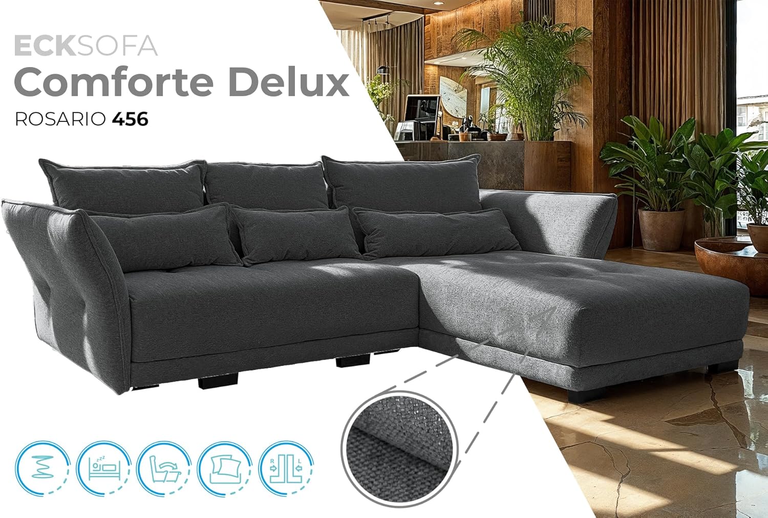 COMFORTE Deluxe L Ecksofa mit Schlaffunktion und Bettkasten, universell montierbar, 250 x 187 x 95 cm, Rosario-Stoff (Grau)