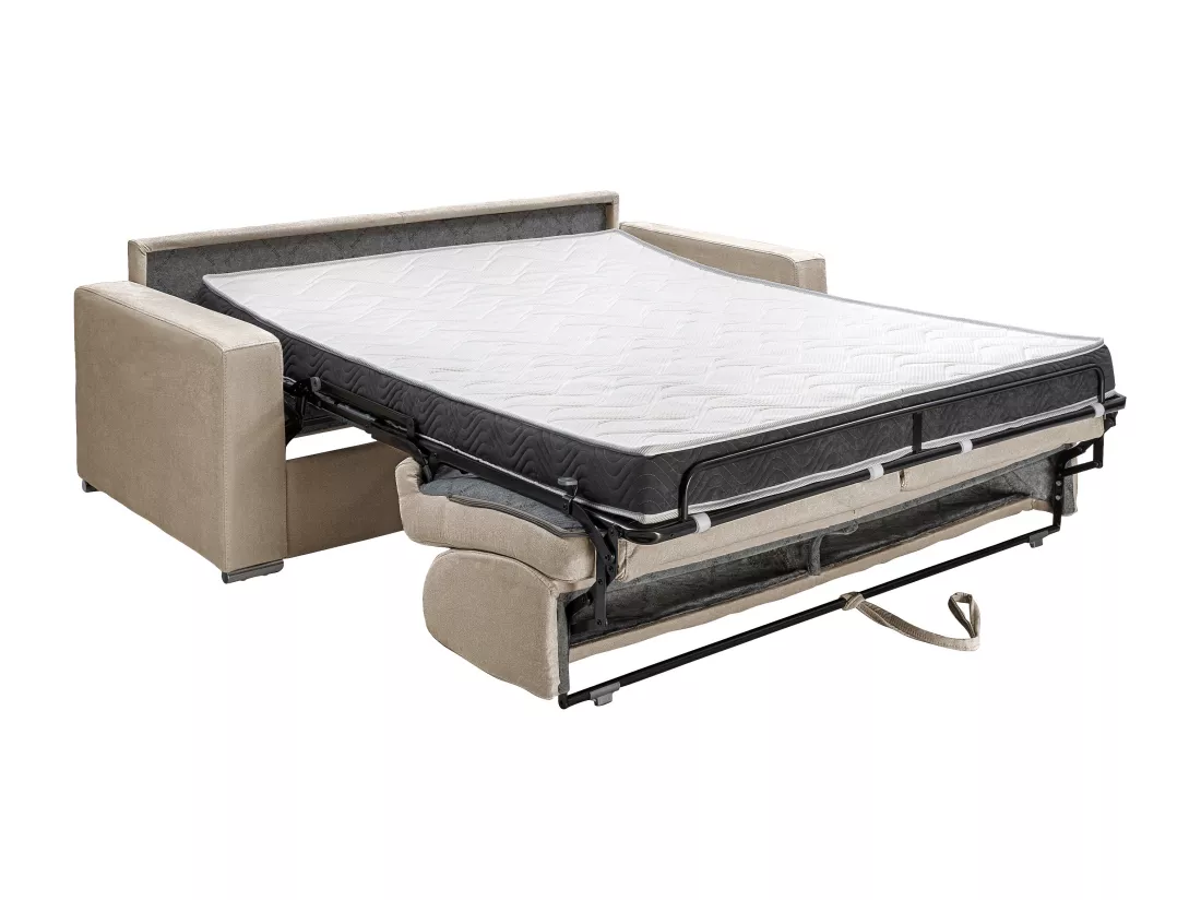 Canapé 2 places convertible express en velours beige - Couchage lattes larges 120 cm - Matelas 14 cm avec mémoire de forme CALITO