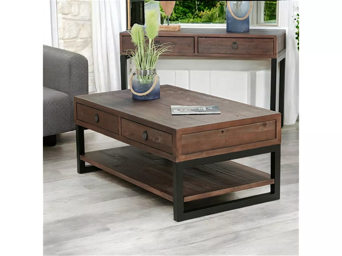 Table basse bois recyclé double plateau 2 tiroirs SAMOA