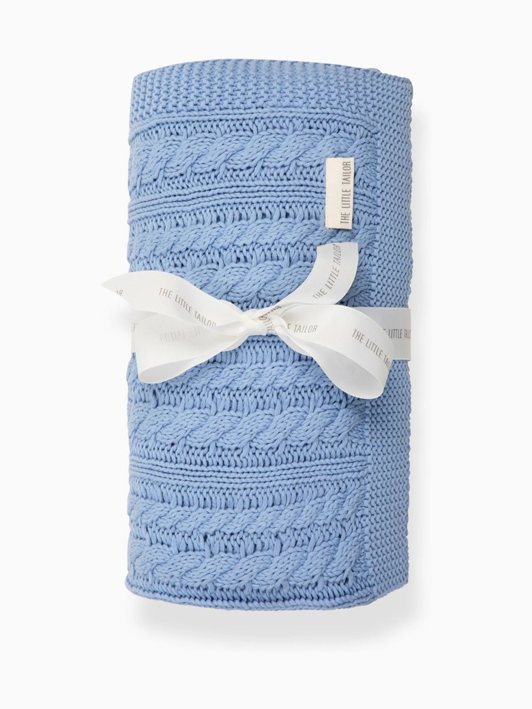 The Little Tailor Baby Blue Fisherman Cable Knitted 100% Cotton Blanket