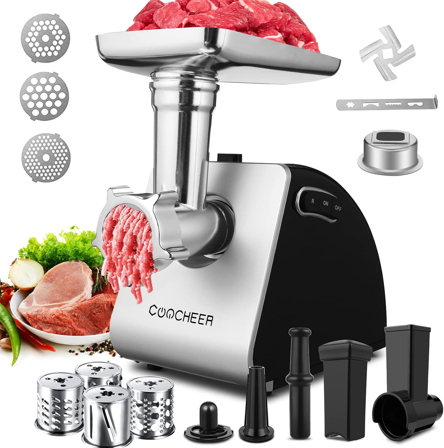 COOCHEER Fleischwolf Elektrisch 2000W, Elektrischer Fleischwolf mit Wurstfüller, Spritzgebäckvorsatz, 3 Edelstahl Lochscheiben für Fleisch und Gemüse
