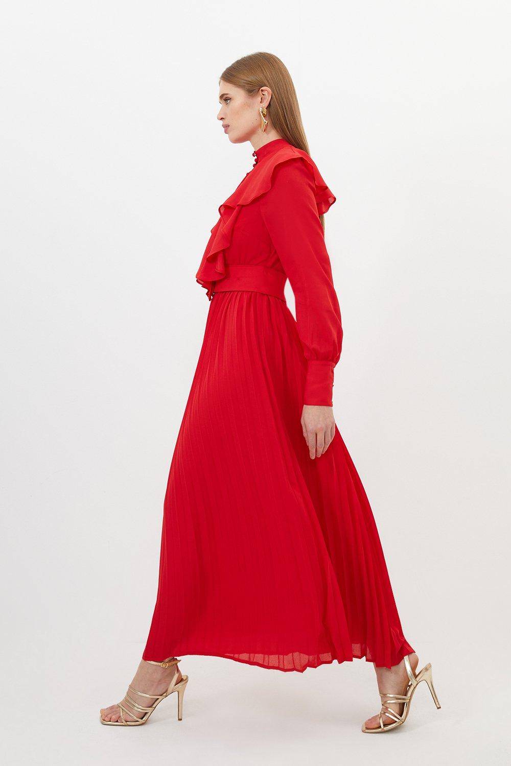 KarenMillen Robe Midi Tissée à Manches Longues en Georgette à Volants