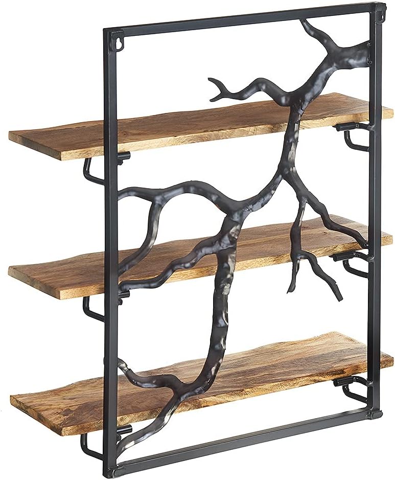 Kobolo Wandregal Hängeregal Bücherregal -AST Zweig- 3 Böden - 59x20x66 cm - aus Eisen und Holz