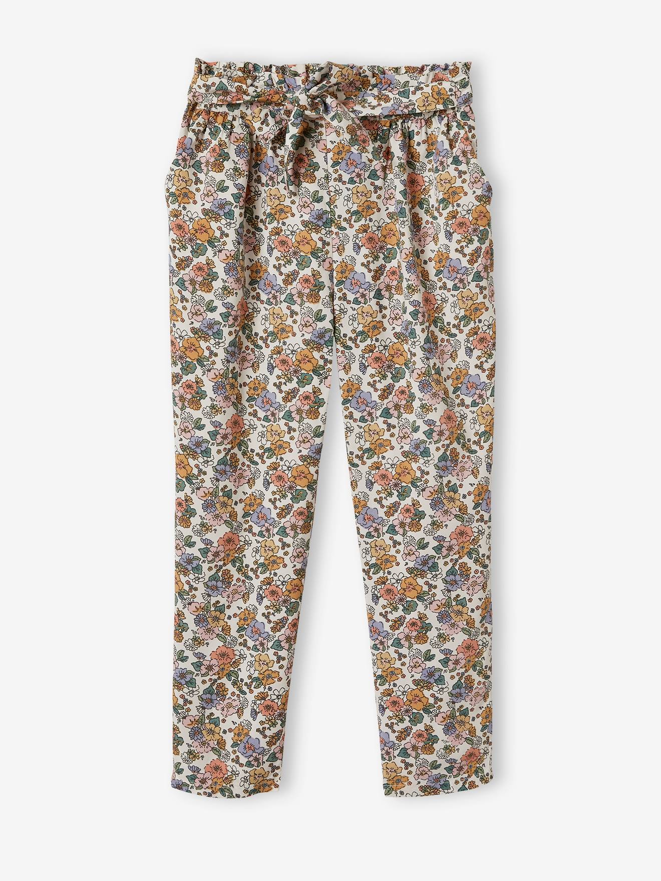 Calças cropped fluidas com estampa floral, para meninas, estampa verde escura.