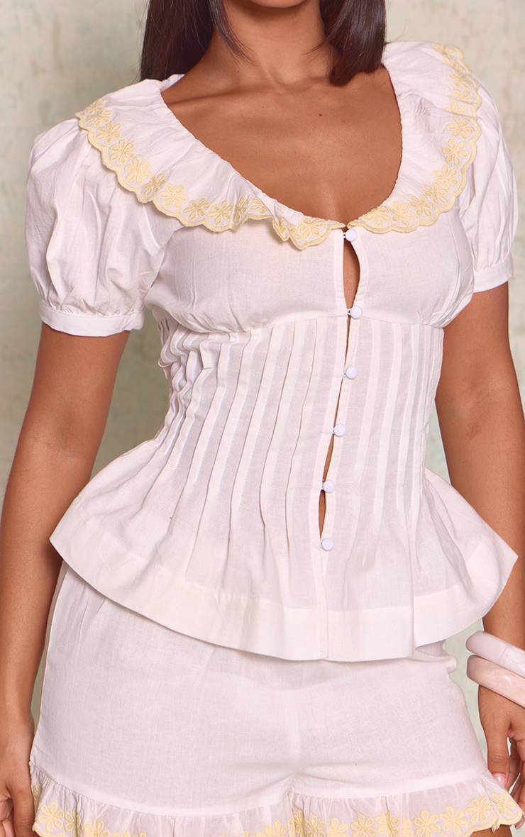 Blanc Ensemble Coordonné Petite Chemise Col Boutonnée Détails Bordures Aspect Lin