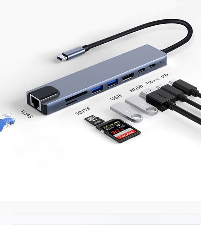 8 port USB-C hub med USB, UBC PD, HDMI, RJ45, hukommelseskort Grå
