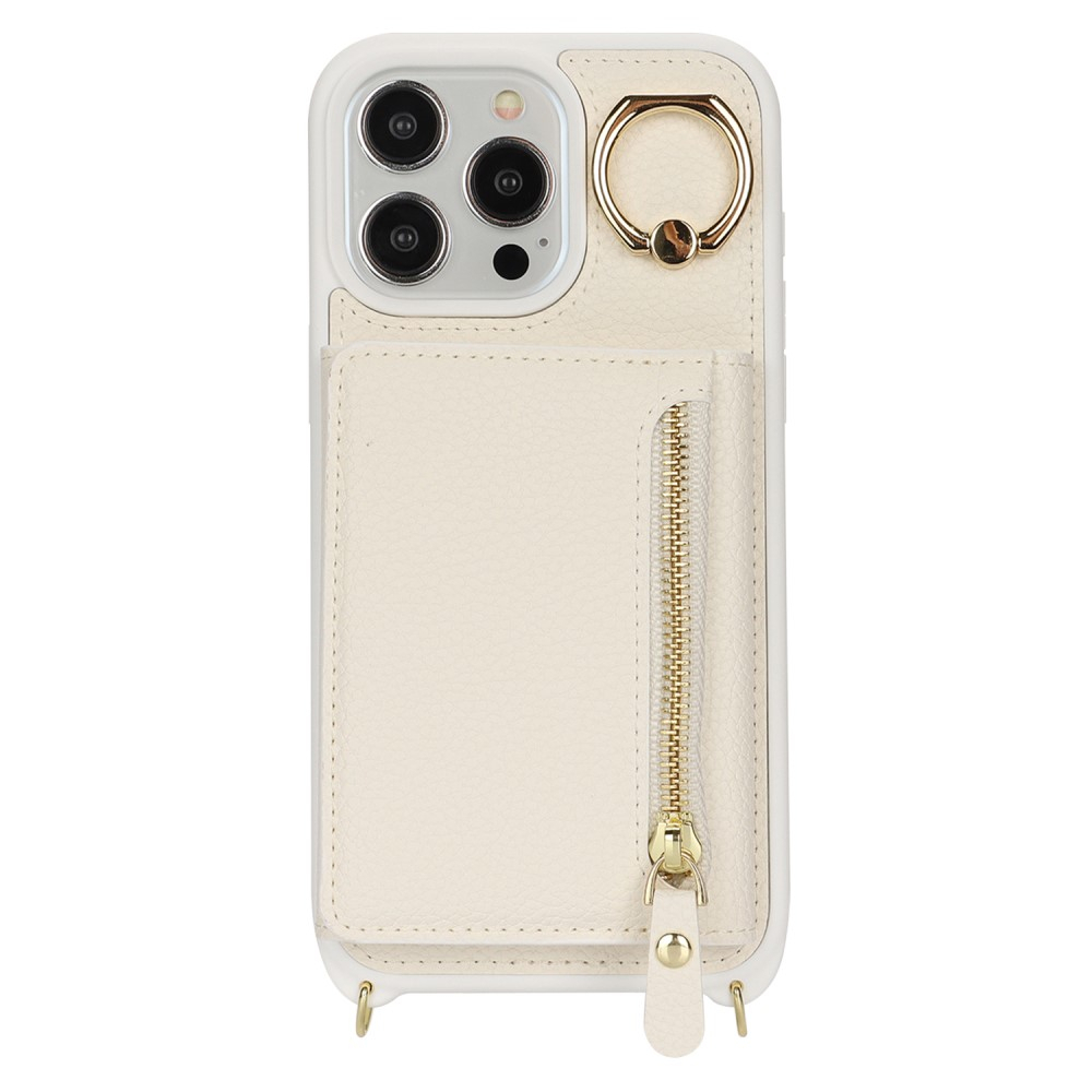 iPhone 15 Pro Max Necklace Leder Hülle mit Münzfach und Kartenfächer   Finger Griff Halterung   Handykette - Weiss